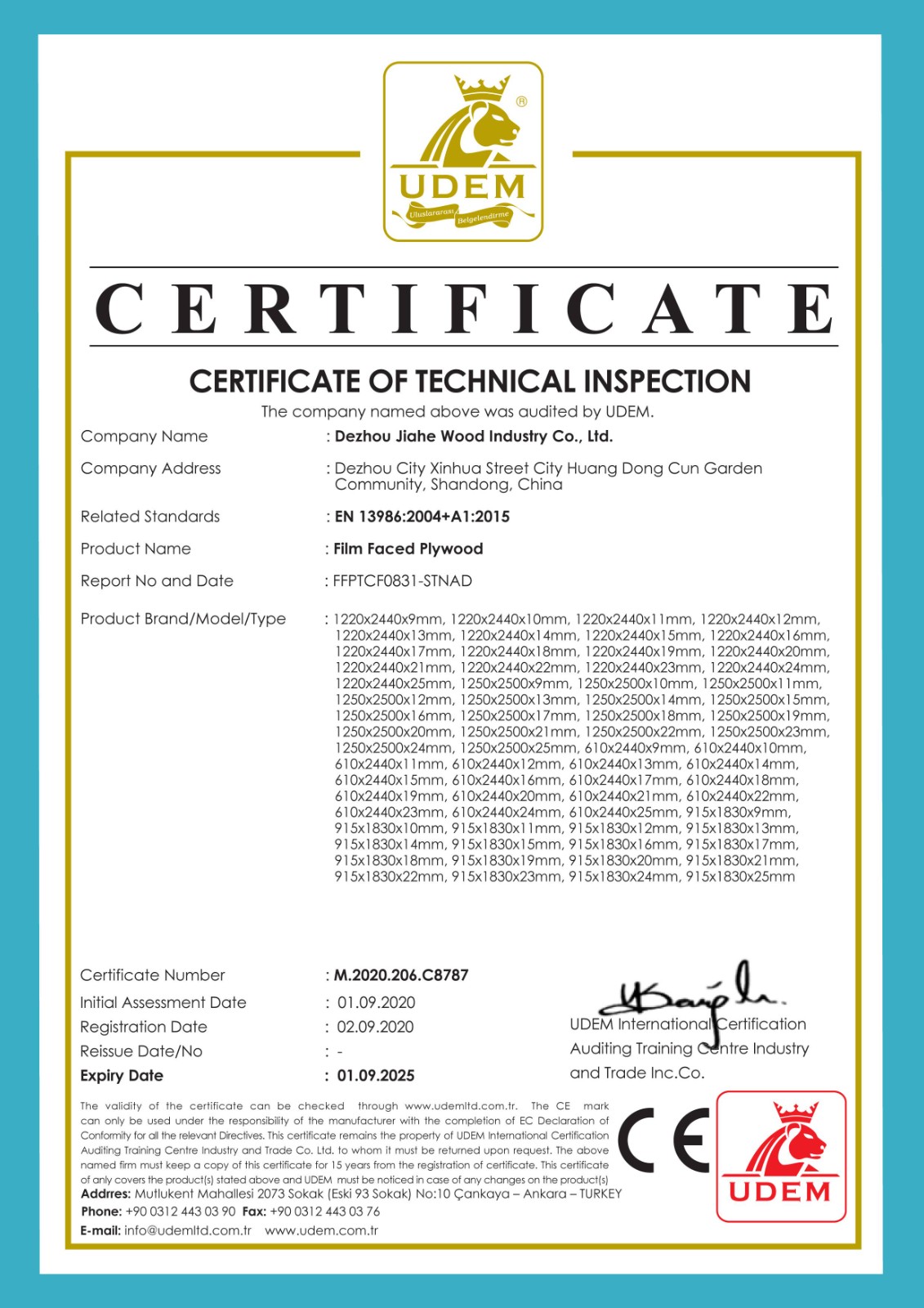 CE technical inspection certificate for film faced plywood