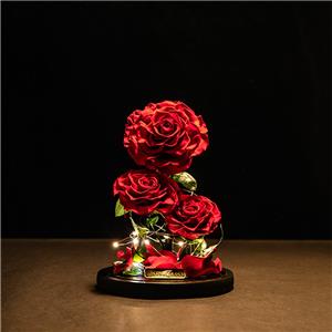 Rose rouge préservée à 3 têtes LED dans un dôme de verre