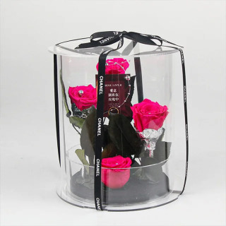 Rose stabilizzate in scatole circolari acriliche