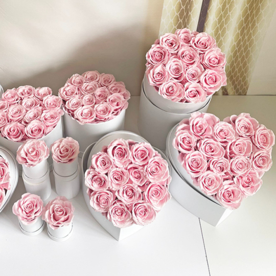 हार्ट बॉक्स में विभिन्न आकार के संरक्षित गुलाब