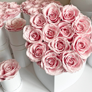 Rose stabilizzate di diverse dimensioni in una scatola a cuore