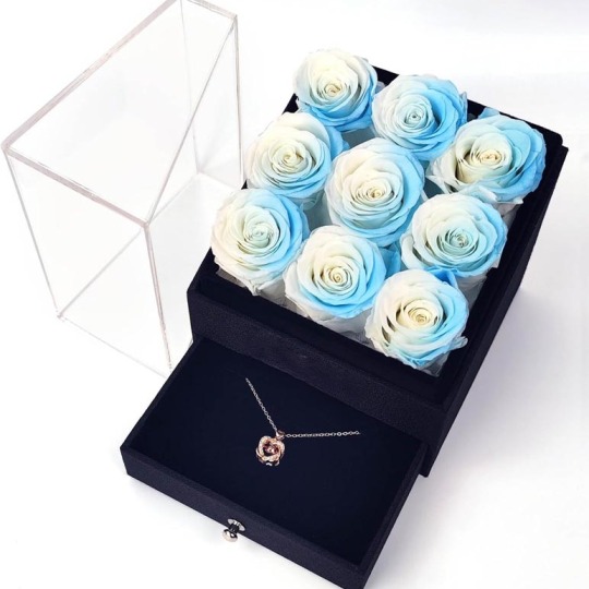 चौकोर डिब्बे में असली प्राकृतिक चिरस्थायी गुलाब