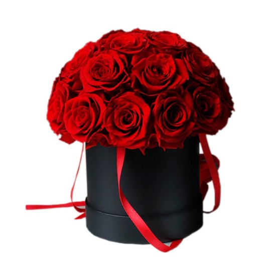 गोल डिब्बे में मशरूम के आकार का संरक्षित गुलाब