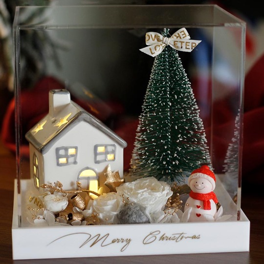 ऐक्रेलिक बॉक्स में क्रिसमस ट्री संरक्षित गुलाब की सजावट