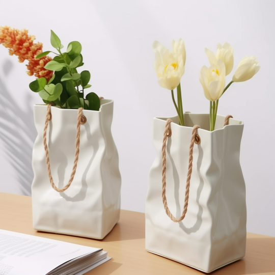Pasu Tumbuhan Seramik Putih Bentuk Beg Kertas Tidak Sekata - Set 2 untuk Hiasan Rumah Estetik, Sesuai untuk Meja Makan Malam,