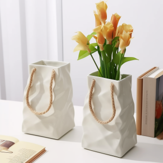 Vasi per piante in ceramica bianca a forma di sacchetto di carta irregolare - Set di 2 per la decorazione estetica della casa, perfetti per la tavola da pranzo,