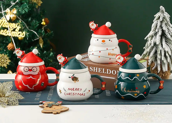 Weihnachts-Keramik-Souvenir-Tassen, Kaffee, individuelle Tassen mit Deckel und Löffel