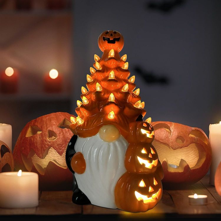 Ceramic Gnome Halloween Decorations Orange Gnome Ceramic Tree Lighted