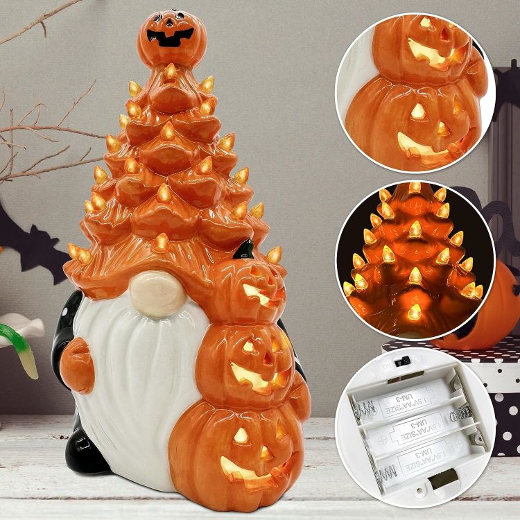 Ceramic Gnome Halloween Decorations Orange Gnome Ceramic Tree Lighted