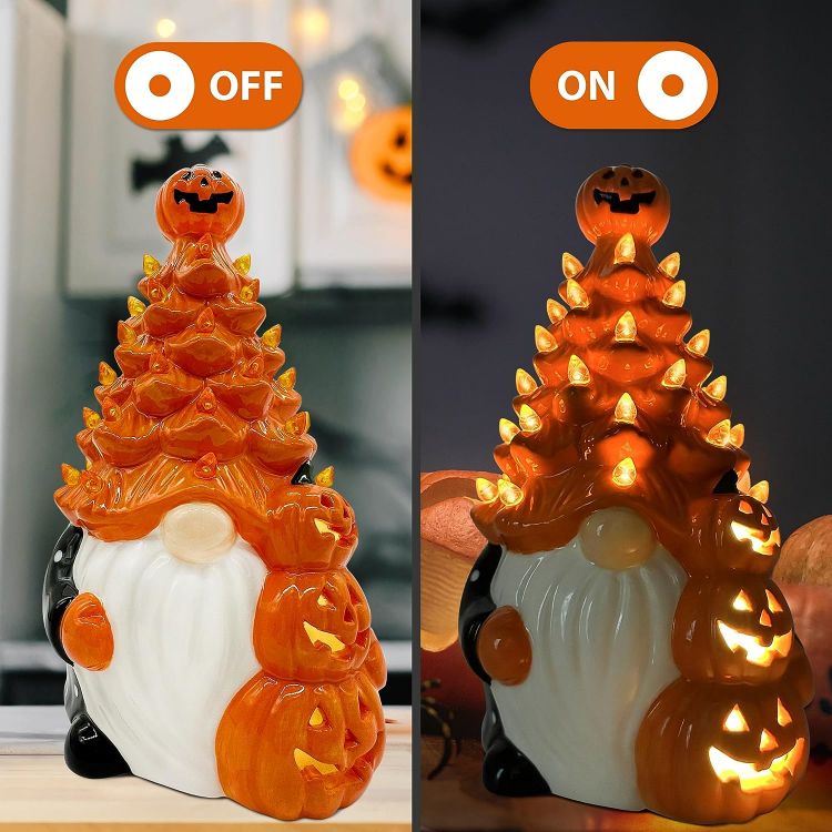 Ceramic Gnome Halloween Decorations Orange Gnome Ceramic Tree Lighted