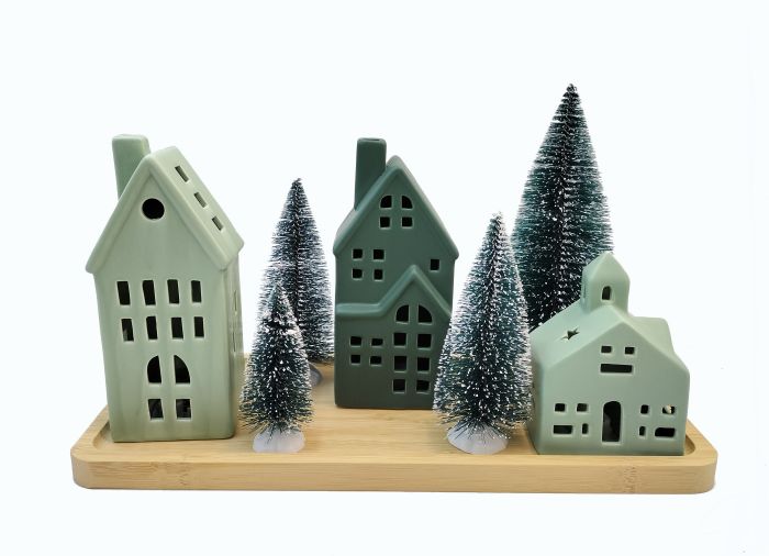 Green ceramic Christmas Village House set