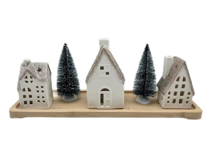 Ceramic White Glitter LED Christmas Village Sets