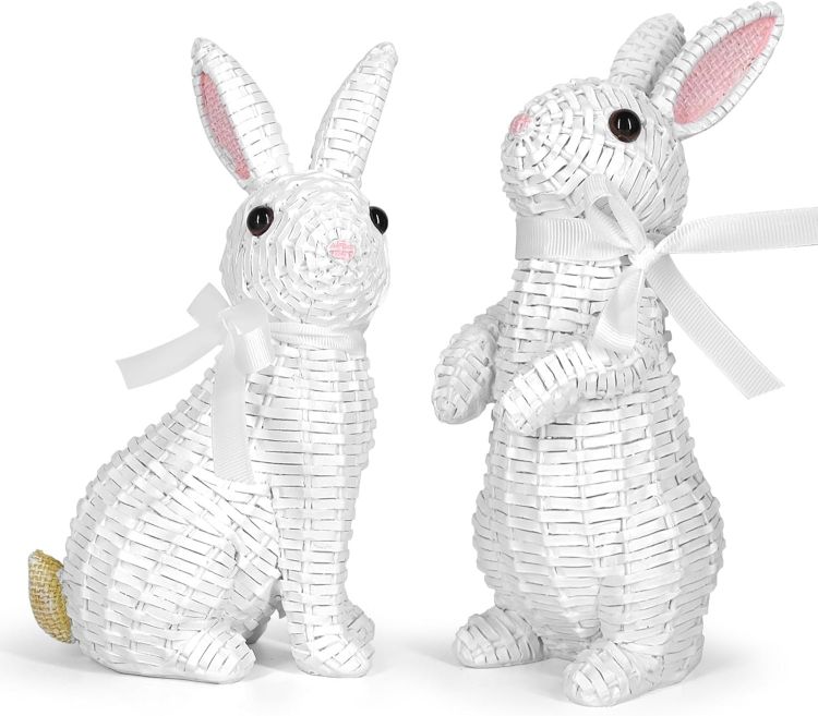 Rattan Effect Resin Bunny Easter Decor,Spring Bunnies Decoration Statue Figurine