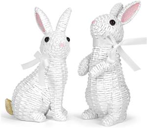 Rattan Effect Resin Bunny Easter Decor,Spring Bunnies Decoration Statue Figurine