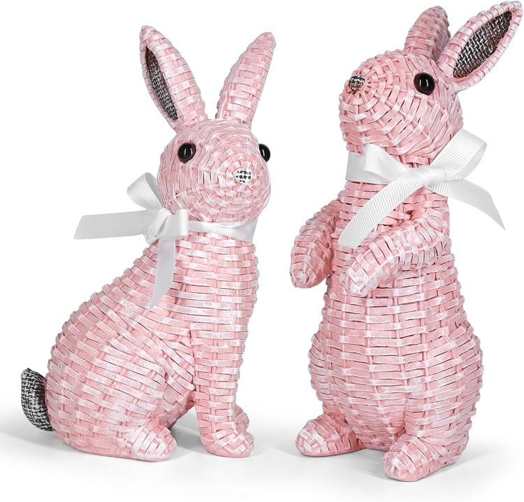 Rattan Effect Resin Bunny Easter Decor,Spring Bunnies Decoration Statue Figurine