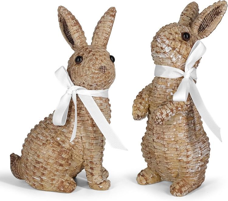 Rattan Effect Resin Bunny Easter Decor,Spring Bunnies Decoration Statue Figurine