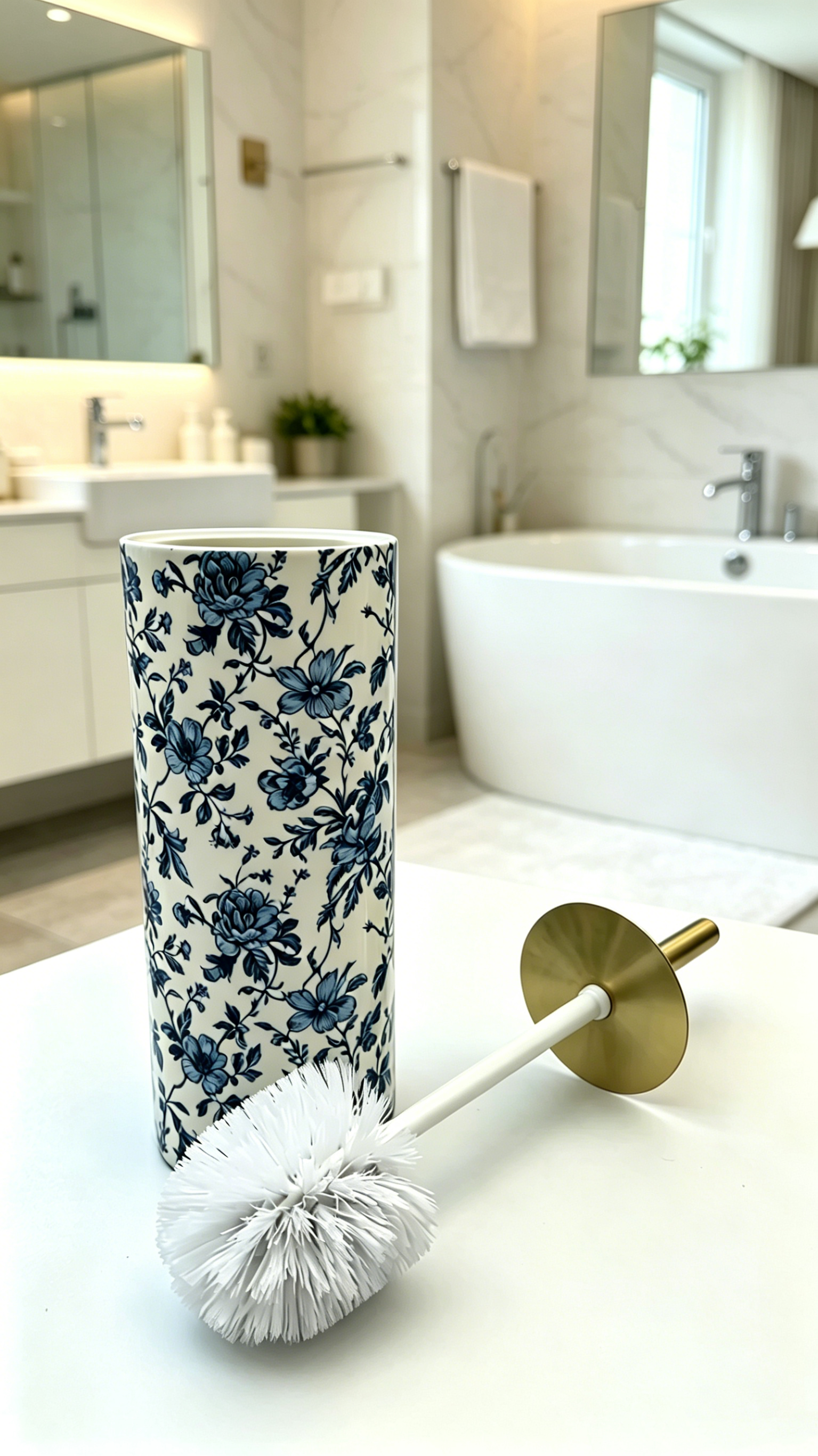 Vintage Blue Floral Ceramic Toilet Brush with Gold Stainless Steel Handle, Light Luxury Bathroom Decor Accessory for Home Hotel Use