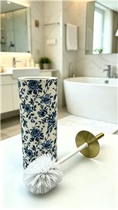 Vintage Blue Floral Ceramic Toilet Brush with Gold Stainless Steel Handle, Light Luxury Bathroom Decor Accessory for Home Hotel Use