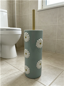 Morandi Green 3D Embossed Daisy Ceramic Toilet Brush Set, Luxury Gold Handle Bathroom Cleaning Holder