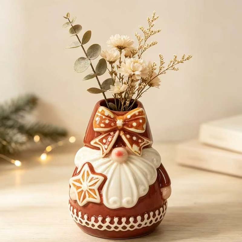 Gingerbread Gnome Ceramic Vase with Hand-Painted Polka Dot Bow & Star Accent