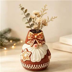 Gingerbread Gnome Ceramic Vase with Hand-Painted Polka Dot Bow & Star Accent