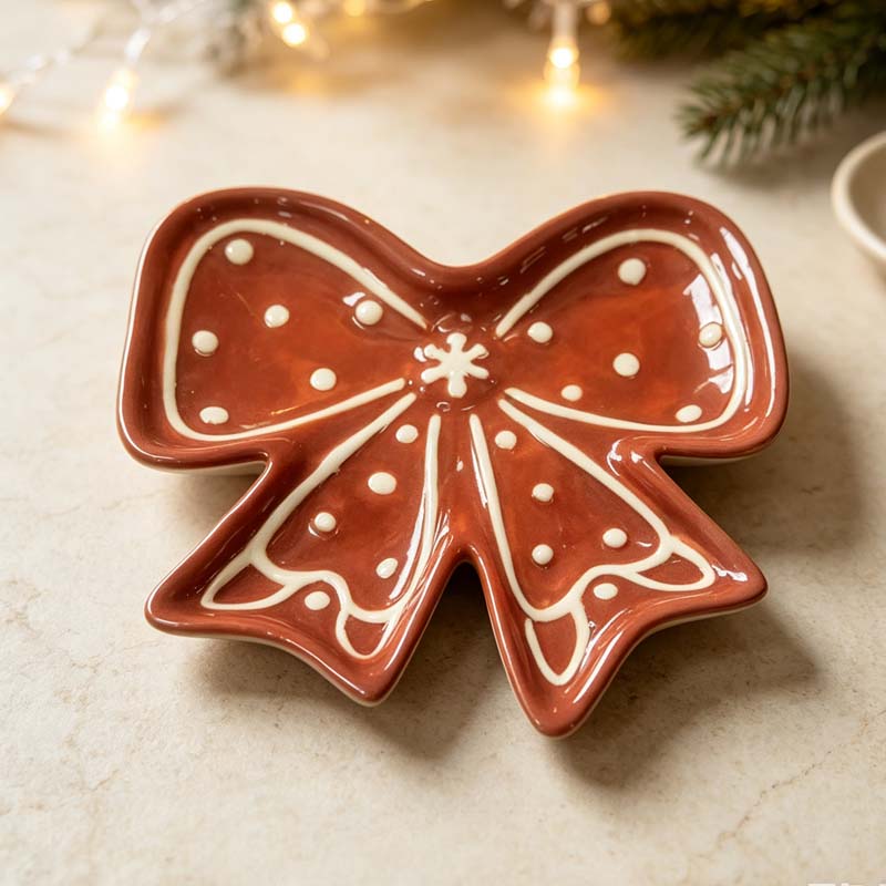 Gingerbread Bow Ceramic Trinket Dish with Polka Dot & Star Accent