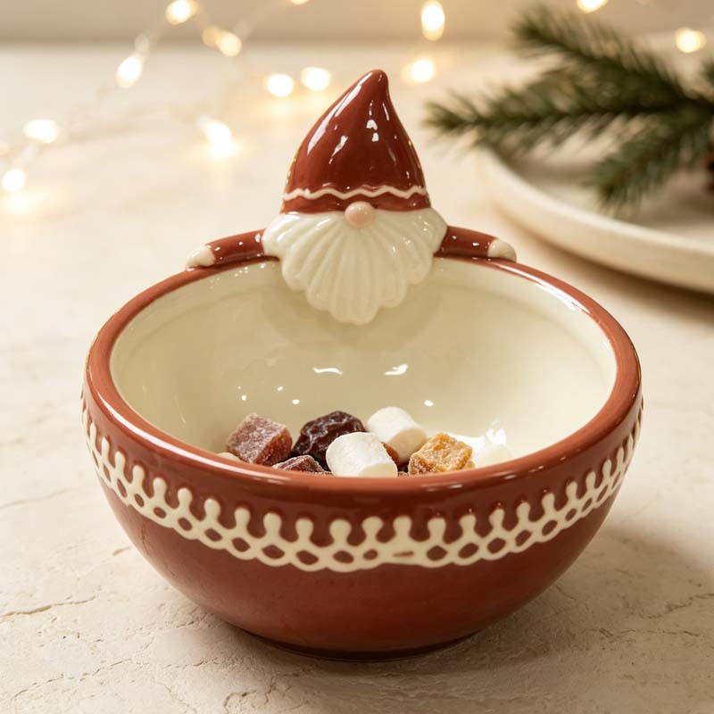 Nordic Fairy-Tale Hand-Painted Red & White Santa Ceramic Bowl