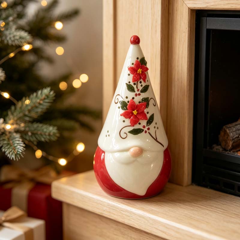 Ceramic Christmas Decoration with Red Poinsettia Hat