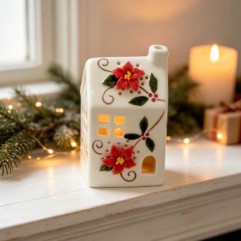 Handcrafted Ceramic House with 3D Red Poinsettia & Vine Relief