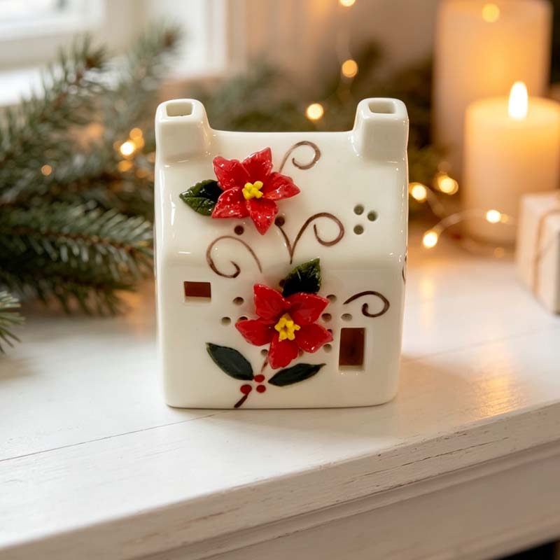 Ceramic Christmas House Festive Ceramic House Decor with Poinsettia Flowers