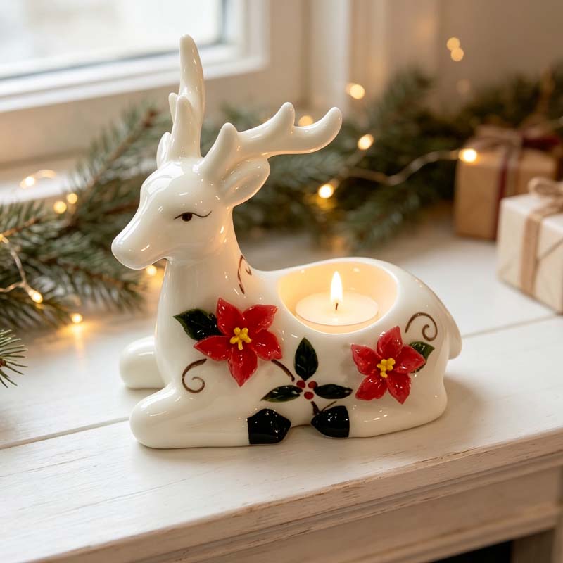 White Ceramic Reclining Deer Figurine with Red Poinsettia Relief - Festive Holiday Home Decor Accent