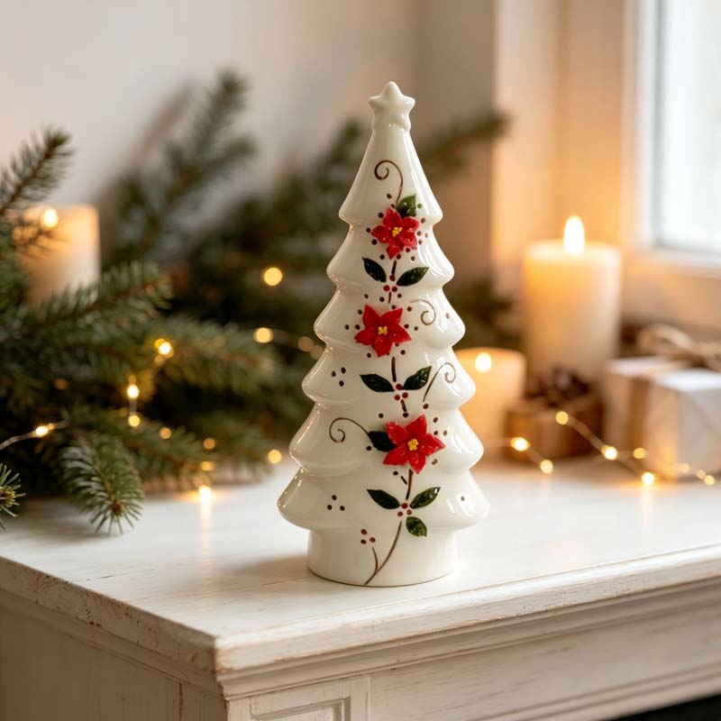 Ceramic Christmas Tree with Poinsettia Flowers, White Ceramic Tree Tabletop Decor, Festive Holiday Accent for Home