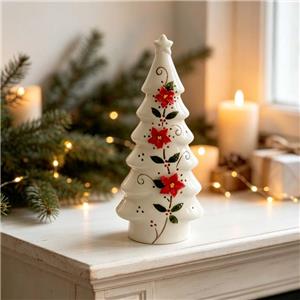 Ceramic Christmas Tree with Poinsettia Flowers, White Ceramic Tree Tabletop Decor, Festive Holiday Accent for Home