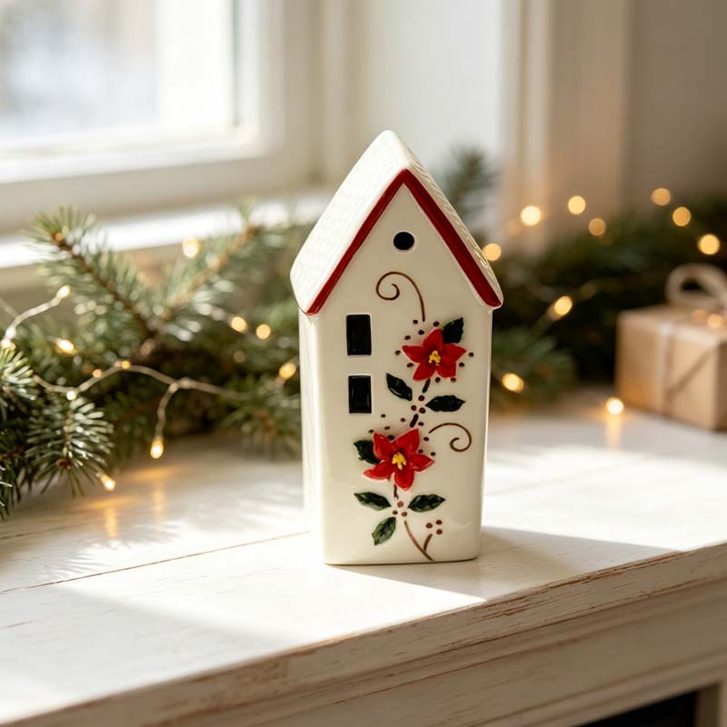 Nordic Christmas Poinsettia Ceramic House Figurine