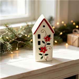 Nordic Christmas Poinsettia Ceramic House Figurine