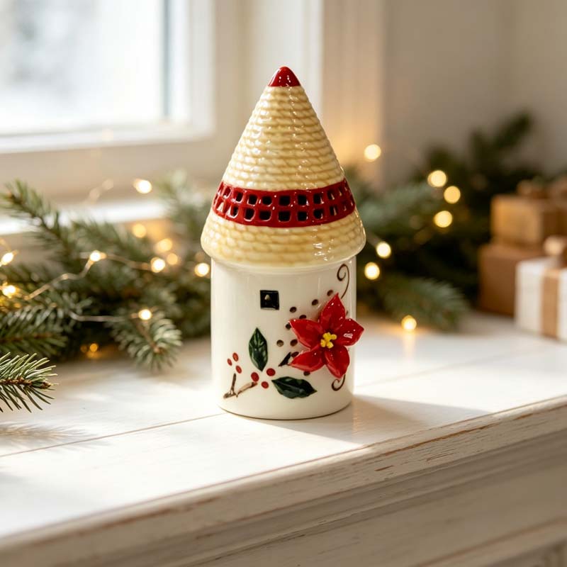 Ceramic Gnome House Figurine with Poinsettia, Pencil-Shaped Roof Ceramic House Decor, Festive Christmas Tabletop Ornament