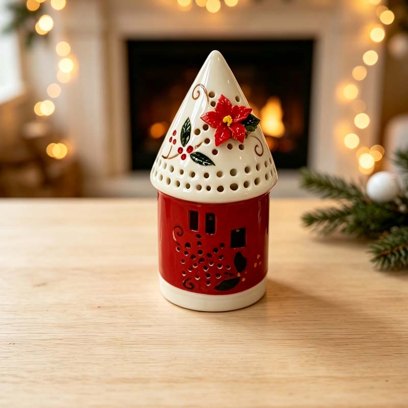 Hand-Painted Poinsettia Christmas Ceramic House | Festive Holiday Home Aroma Decor