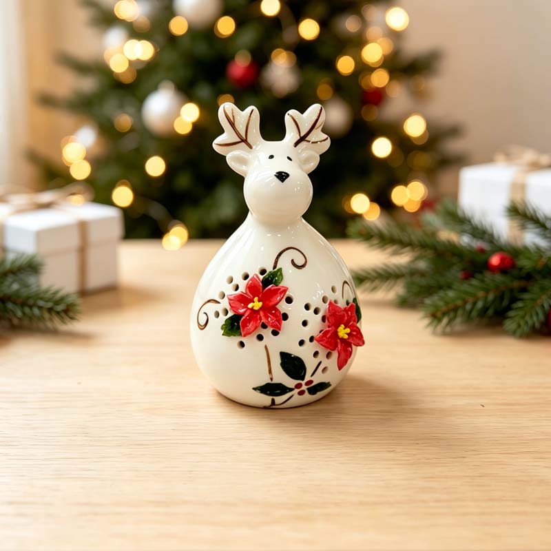 Hand-painted Hollow-out Poinsettia Ceramic Reindeer Figurine – Christmas Tabletop Decor
