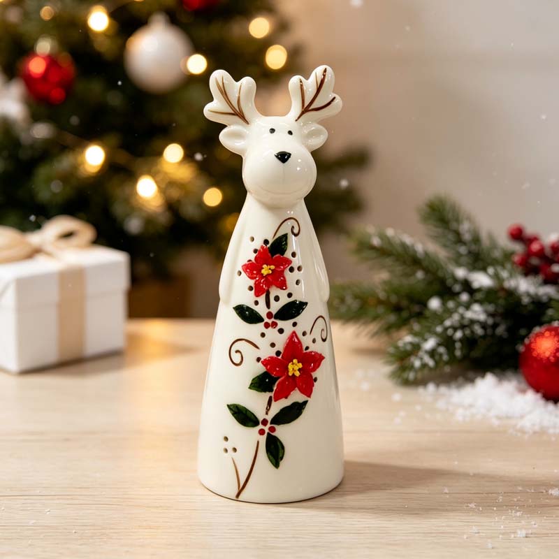 Minimalist Tall Reindeer Ornament, Handcrafted Poinsettia Ceramic Reindeer for Holiday Gift & Home Decor