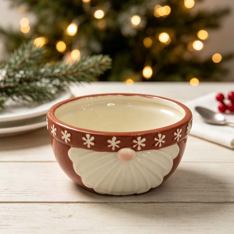 Santa Face Hand-painted Ceramic Snack Bowl, Snowflake Trim Christmas Serving Bowl