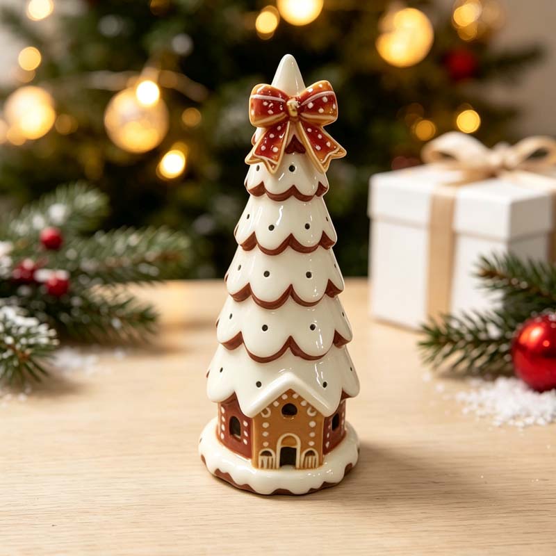 Ceramic Christmas Tree with Gingerbread House & Bow, Festive Holiday Home Decor