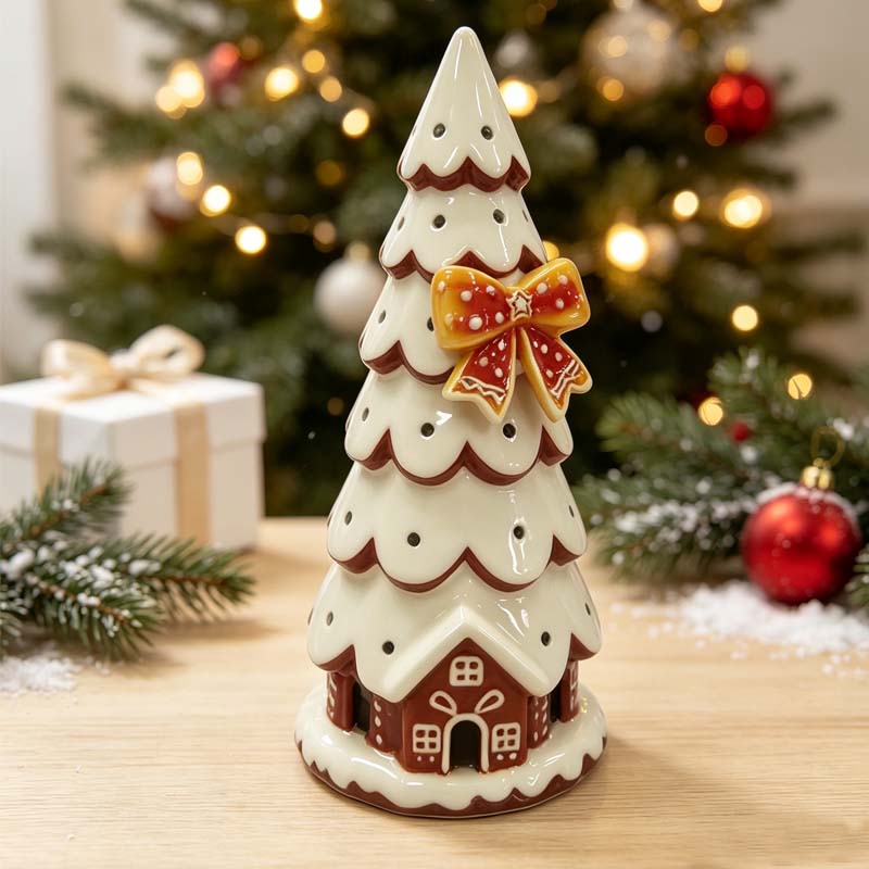 Hollow-out Ceramic Christmas Tree with Gingerbread House Base & Large Bow, Festive Holiday Decor