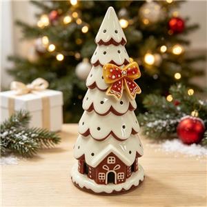 Hollow-out Ceramic Christmas Tree with Gingerbread House Base & Large Bow, Festive Holiday Decor