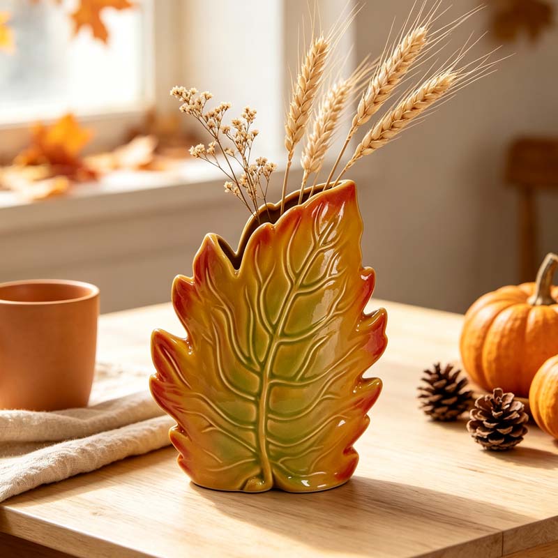 Hand-Painted Gradient Autumn Leaf Shape Ceramic Vase | Fall Harvest Home Decor Accent