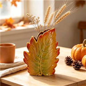 Hand-Painted Gradient Autumn Leaf Shape Ceramic Vase | Fall Harvest Home Decor Accent