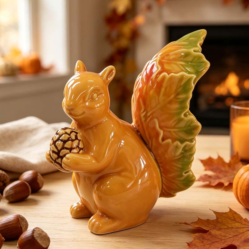 Statuetta in ceramica di scoiattolo con coda a foglia sfumata, decorazione autunnale per la tavola, con pigna in mano.