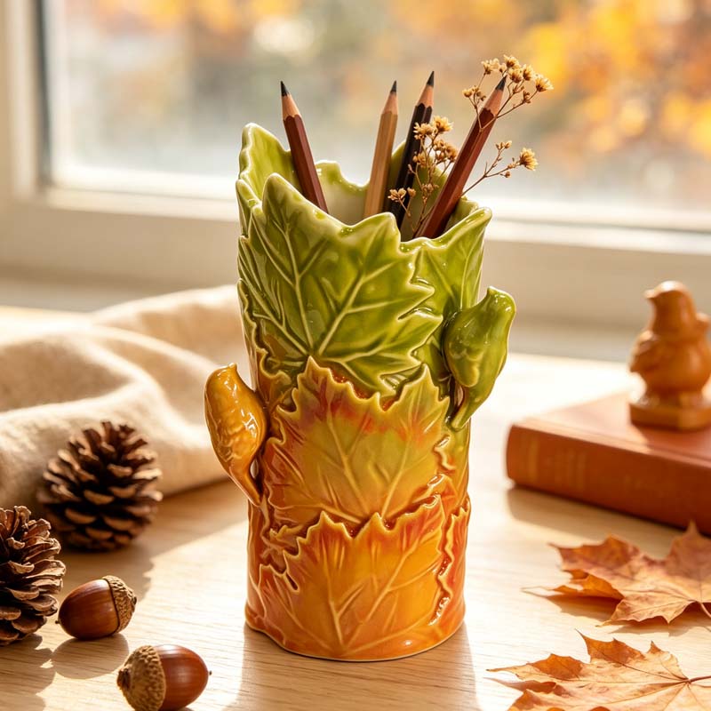 Gradient Autumn Leaf Ceramic Vase with Embossed Birds, Fall Harvest Floral Holder for Home Decor