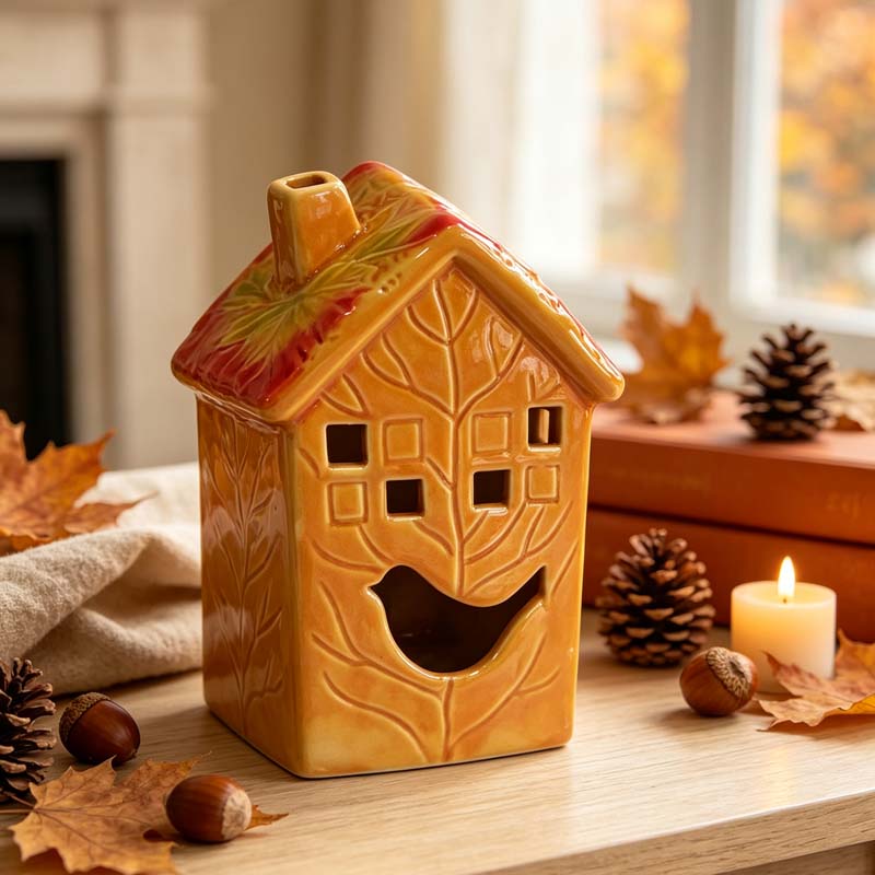 Keramikfigur eines kleinen Hauses mit Herbstlaubmuster und abgestuftem Dach – Herbstliche Wohndekoration