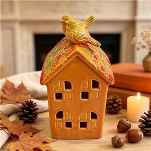 Autumn Gradient Leaf Roof Hollow-Out Ceramic House with Birds