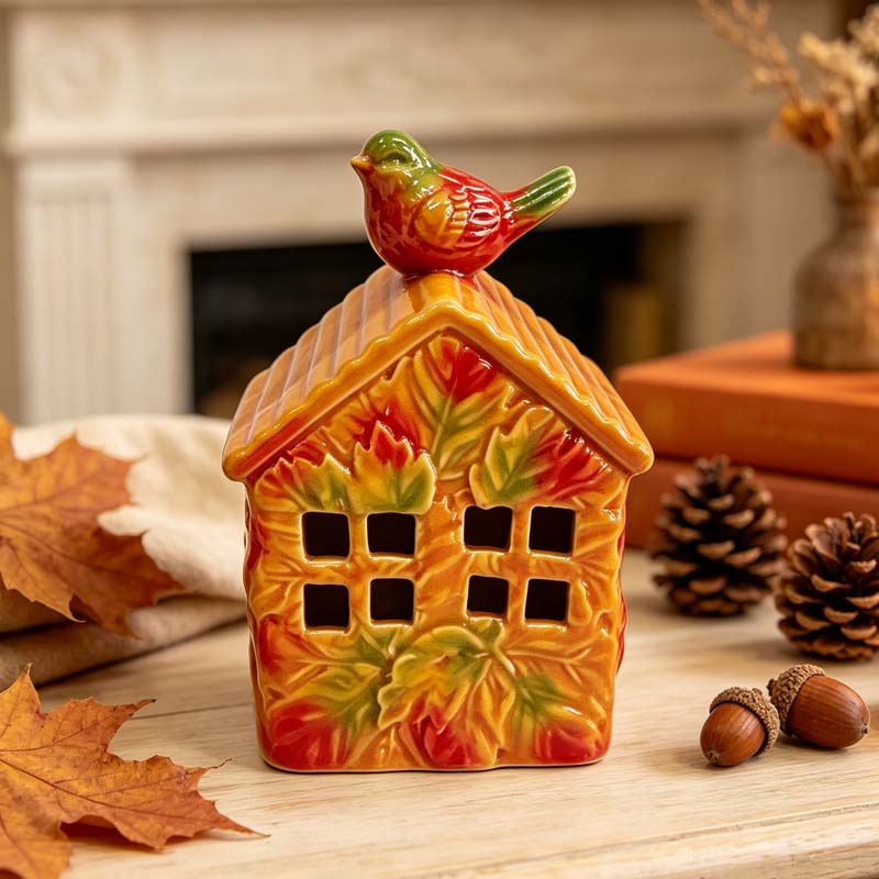 Casa de cerámica con relieve de hojas de otoño y figura de pájaro, decoración acogedora para ambiente otoñal. Portavelas.